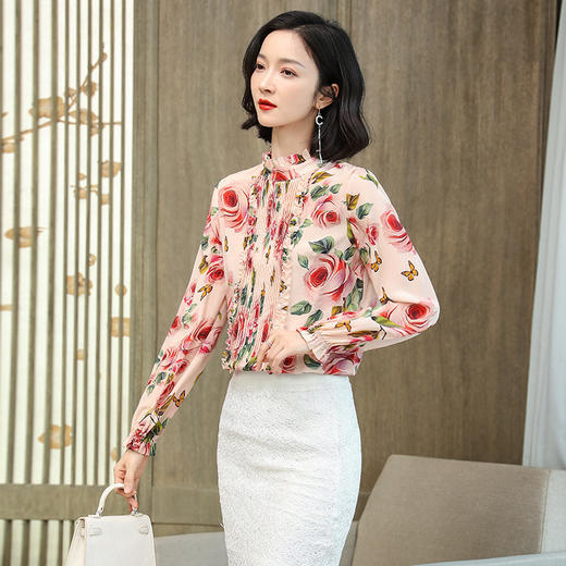KQL-290293春装新款气质长袖木耳边花色真丝衬衫 商品图0