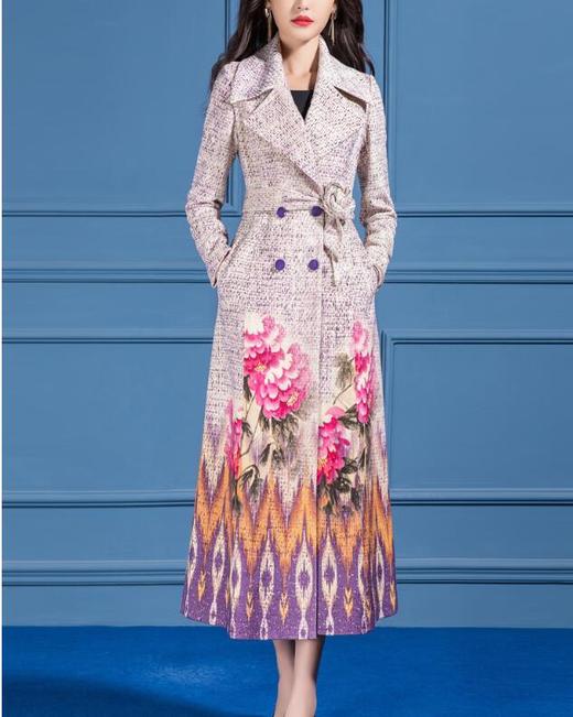 SSGS-T588新款中长款过膝高端大气减龄印花双排扣羊绒外套 商品图0