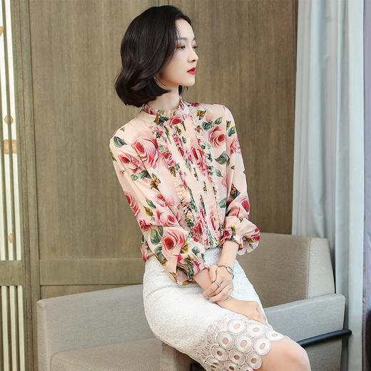 KQL-290293春装新款气质长袖木耳边花色真丝衬衫 商品图4