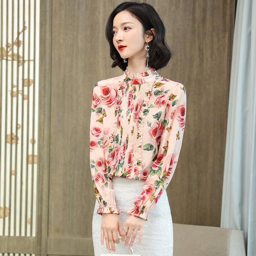 KQL-290293春装新款气质长袖木耳边花色真丝衬衫 商品图1