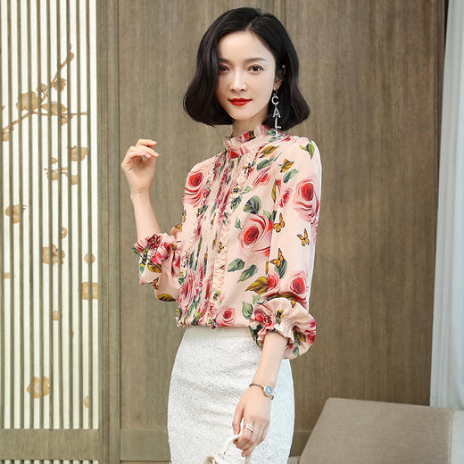 KQL-290293春装新款气质长袖木耳边花色真丝衬衫 商品图3