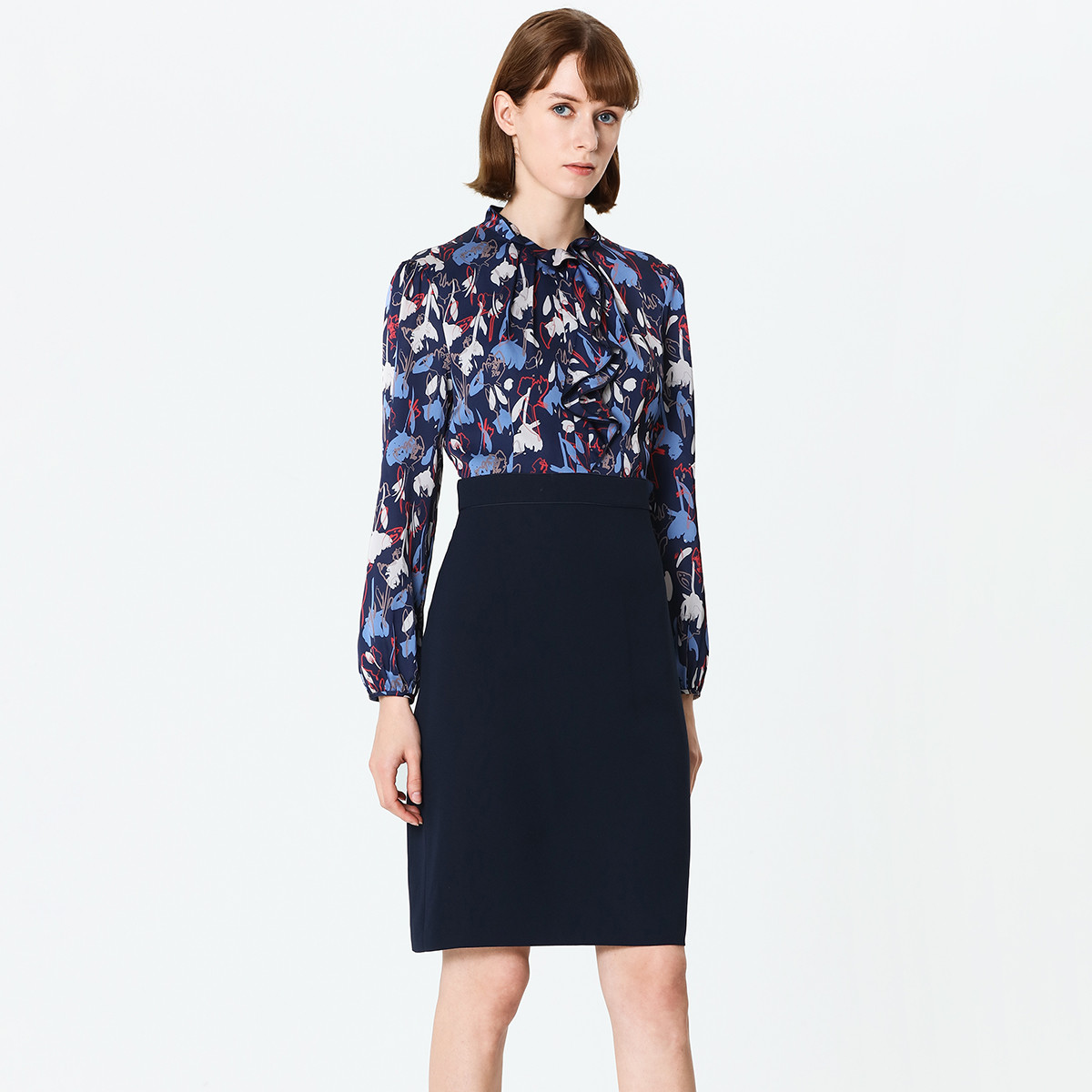 ports宝姿新品女装经典复古印花拼接连衣裙