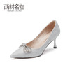 西村名物2021春季新款高跟鞋女蝴蝶结名媛尖头细跟绸缎单鞋X21AE12291 商品缩略图1