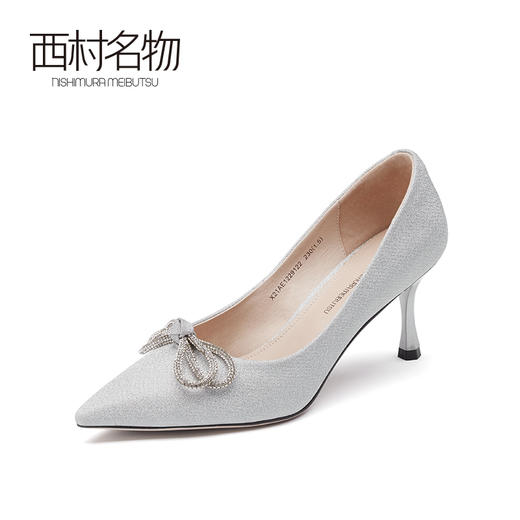 西村名物2021春季新款高跟鞋女蝴蝶结名媛尖头细跟绸缎单鞋X21AE12291 商品图1