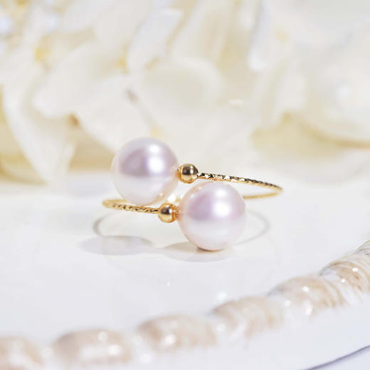 花蜜 日本akoya海水珍珠 18k金 小金珠双珠可调节开口戒指(6.5-7mm)