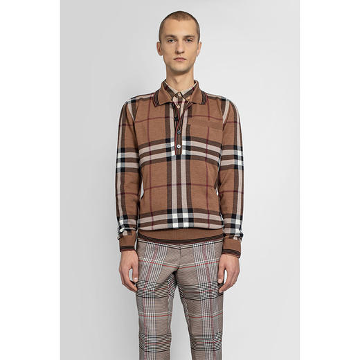 BURBERRY 巴宝莉 男士 驼色大格子针织长袖 POLO 衫 格子 4563944 A8492 商品图0