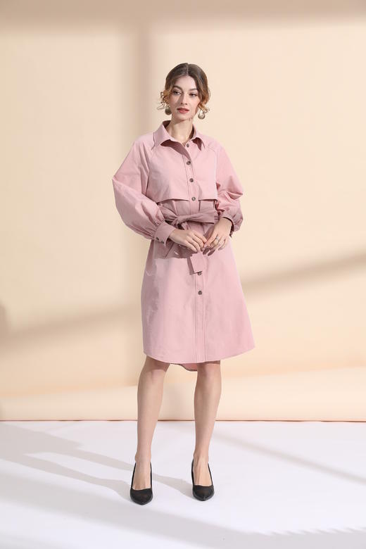 衬衣款压明线直身风衣裙（附腰带） 商品图1