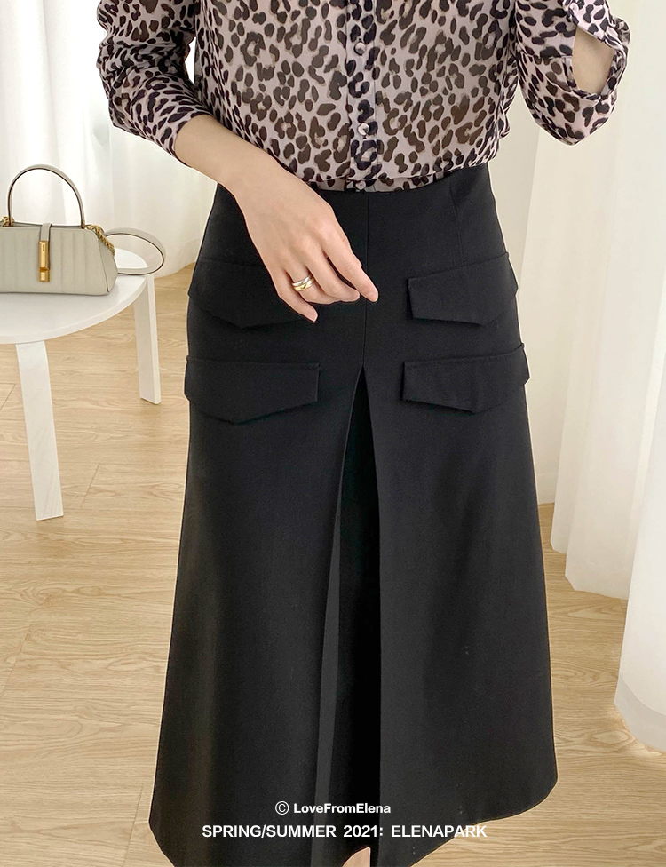 多口袋设计 黑色高腰A摆半身裙