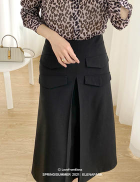 多口袋设计 黑色高腰A摆半身裙