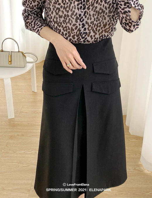 多口袋设计 黑色高腰A摆半身裙 商品图0