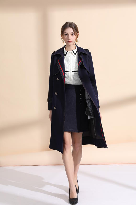 领口贴织带撞色明线风衣（附腰带） 商品图1