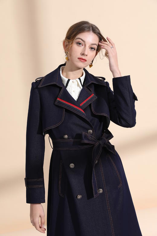 领口贴织带撞色明线风衣（附腰带） 商品图3