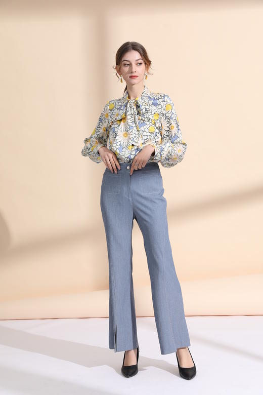 前中弧形破刀撞色明线微喇裤 商品图3