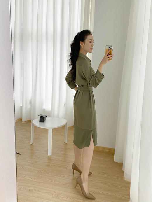 军绿色醋酸七分袖收腰衬衫连衣裙 商品图2