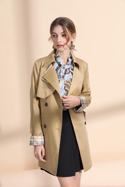 撞色袖口中长款风衣（附腰带） 商品图2