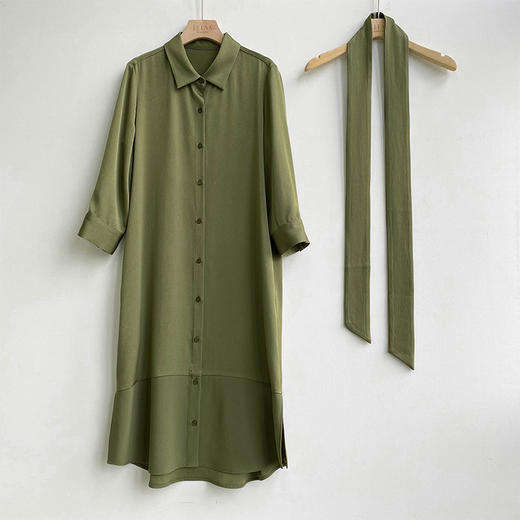 军绿色醋酸七分袖收腰衬衫连衣裙 商品图5