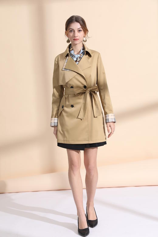 撞色袖口中长款风衣（附腰带） 商品图0