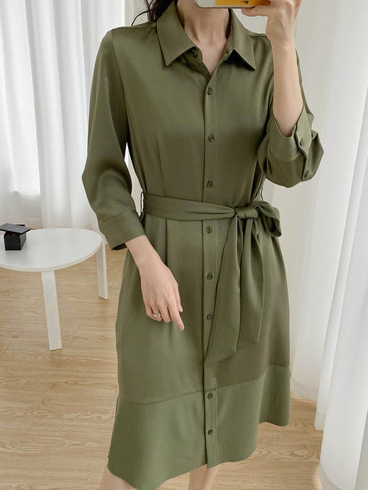 军绿色醋酸七分袖收腰衬衫连衣裙 商品图0