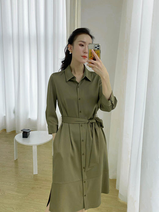 军绿色醋酸七分袖收腰衬衫连衣裙 商品图1
