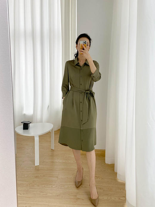 军绿色醋酸七分袖收腰衬衫连衣裙 商品图3