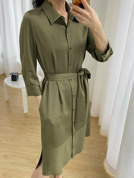 军绿色醋酸七分袖收腰衬衫连衣裙 商品图4