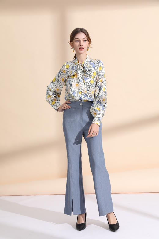 前中弧形破刀撞色明线微喇裤 商品图4