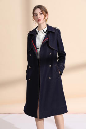 领口贴织带撞色明线风衣（附腰带）