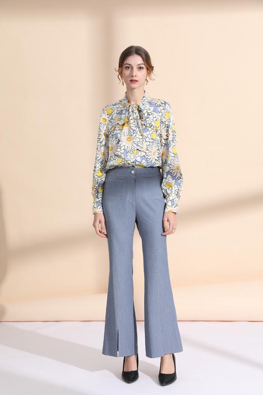 前中弧形破刀撞色明线微喇裤 商品图0