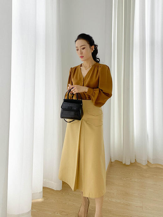 多口袋设计 姜黄色高腰A摆半身裙 商品图1
