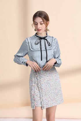 珍珠装饰扣A摆小香风半裙