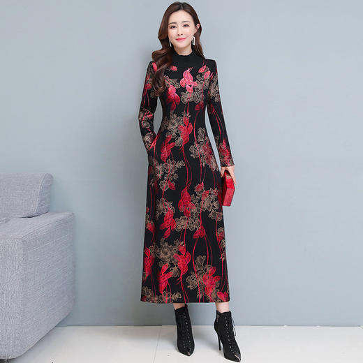 nnyc3959新款优雅气质修身立领长袖长款加绒加厚保暖印花连衣裙tzf