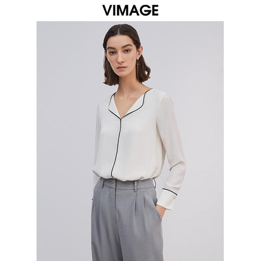 VIMAGE纬漫纪春夏白色雪纺修身长袖衬衫衬衣上衣女V1513101D 商品图2