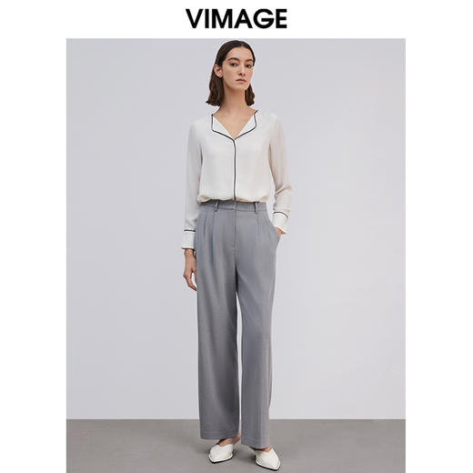 VIMAGE纬漫纪春夏白色雪纺修身长袖衬衫衬衣上衣女V1513101D 商品图0