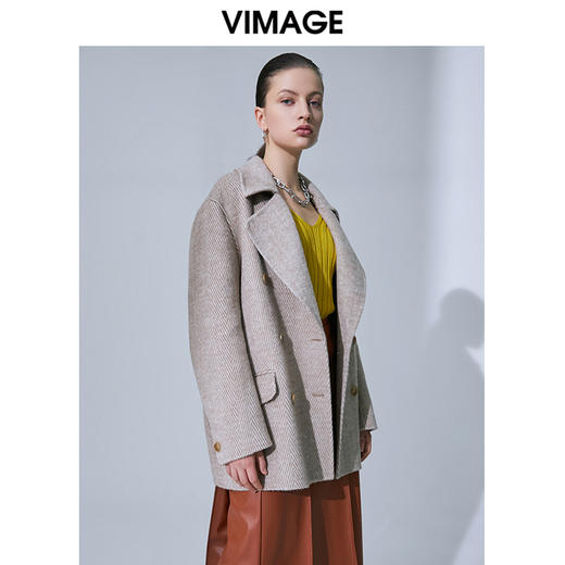VIMAGE纬漫纪春季新款气质翻领时尚双排扣直筒显瘦羊毛呢外套V1514101 商品图2
