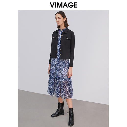 VIMAGE纬漫纪新款时尚百搭纯色翻领短款外套女V1503106D 商品图1