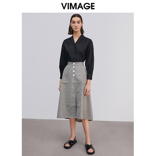 VIMAGE纬漫纪纯棉黑衬衫女休闲百搭长袖衬衣VV1509105D 商品图2