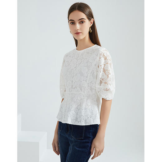 EITIE爱特爱品牌女装春夏新款洋气蕾丝镂空收腰五分袖短上衣A2113703 商品图3