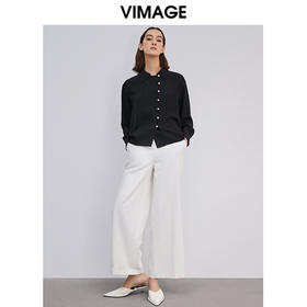 VIMAGE纬漫纪高级纯黑衬衫女休闲百搭翻领长袖衬衣V1509106D