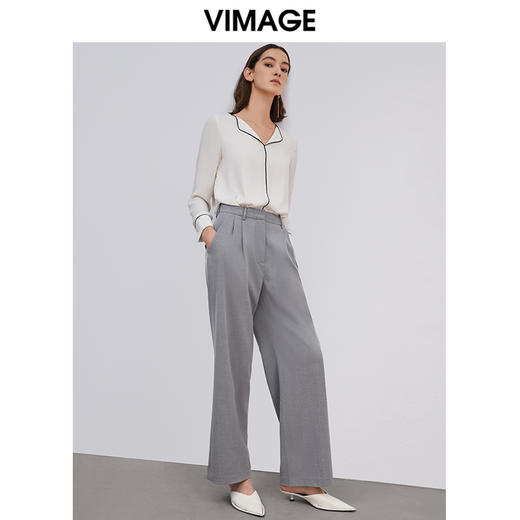 VIMAGE纬漫纪春夏白色雪纺修身长袖衬衫衬衣上衣女V1513101D 商品图1