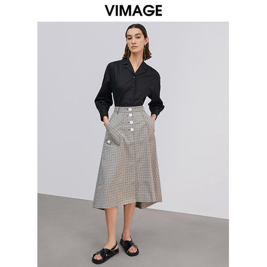 VIMAGE纬漫纪纯棉黑衬衫女休闲百搭长袖衬衣VV1509105D 商品图0