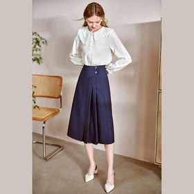 欧芮儿深蓝色半身裙女春季新款收腰显瘦立体褶职场风简约百搭长裙