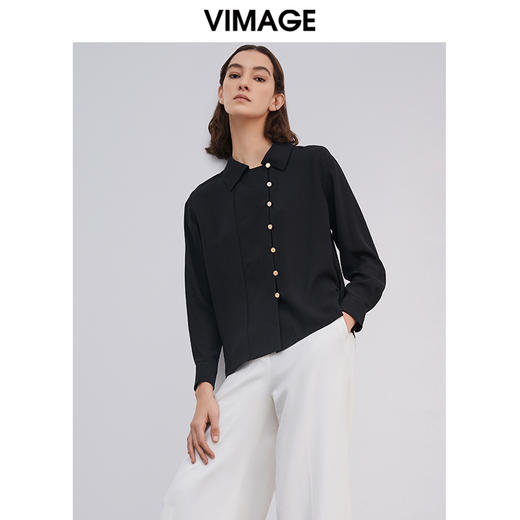 VIMAGE纬漫纪高级纯黑衬衫女休闲百搭翻领长袖衬衣V1509106D 商品图1