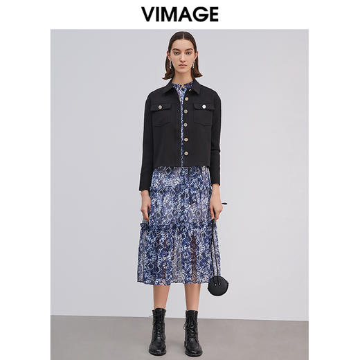 VIMAGE纬漫纪新款时尚百搭纯色翻领短款外套女V1503106D 商品图0