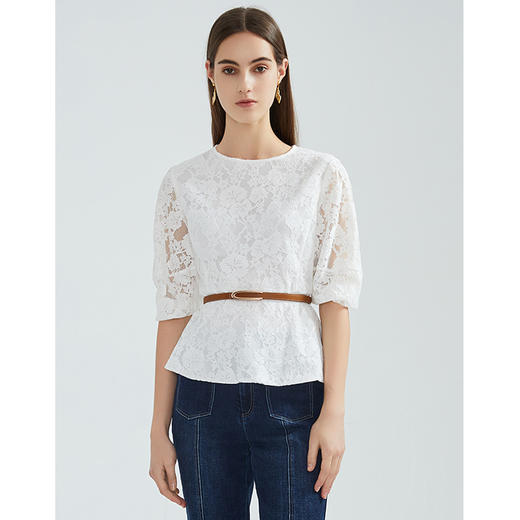 EITIE爱特爱品牌女装春夏新款洋气蕾丝镂空收腰五分袖短上衣A2113703 商品图1