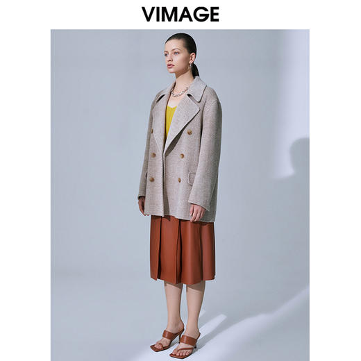 VIMAGE纬漫纪春季新款气质翻领时尚双排扣直筒显瘦羊毛呢外套V1514101 商品图1