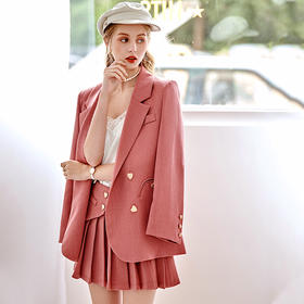欧芮儿粉色小西装外套女春季新款气质双排扣优雅减龄宽松显瘦韩范