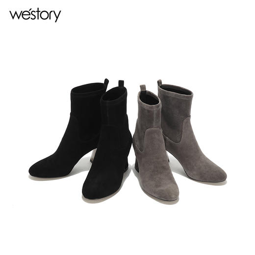 westory秋冬绒面园头短靴方根短筒女靴套筒舒适女鞋W274S80151 商品图4