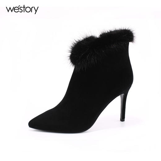 westory 秋季新款靴子女貂毛短靴细跟女靴尖头高跟绒面靴80081 商品图2