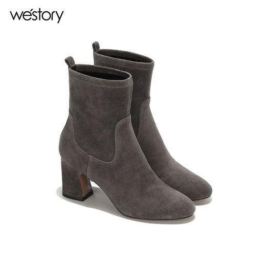 westory秋冬绒面园头短靴方根短筒女靴套筒舒适女鞋W274S80151 商品图0
