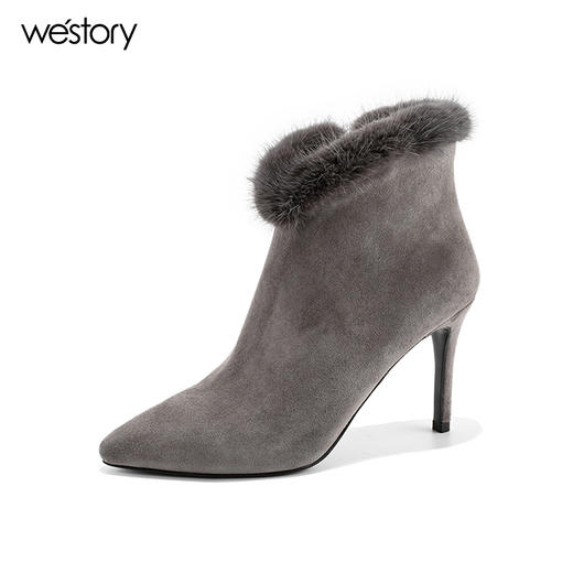 westory 秋季新款靴子女貂毛短靴细跟女靴尖头高跟绒面靴80081 商品图1